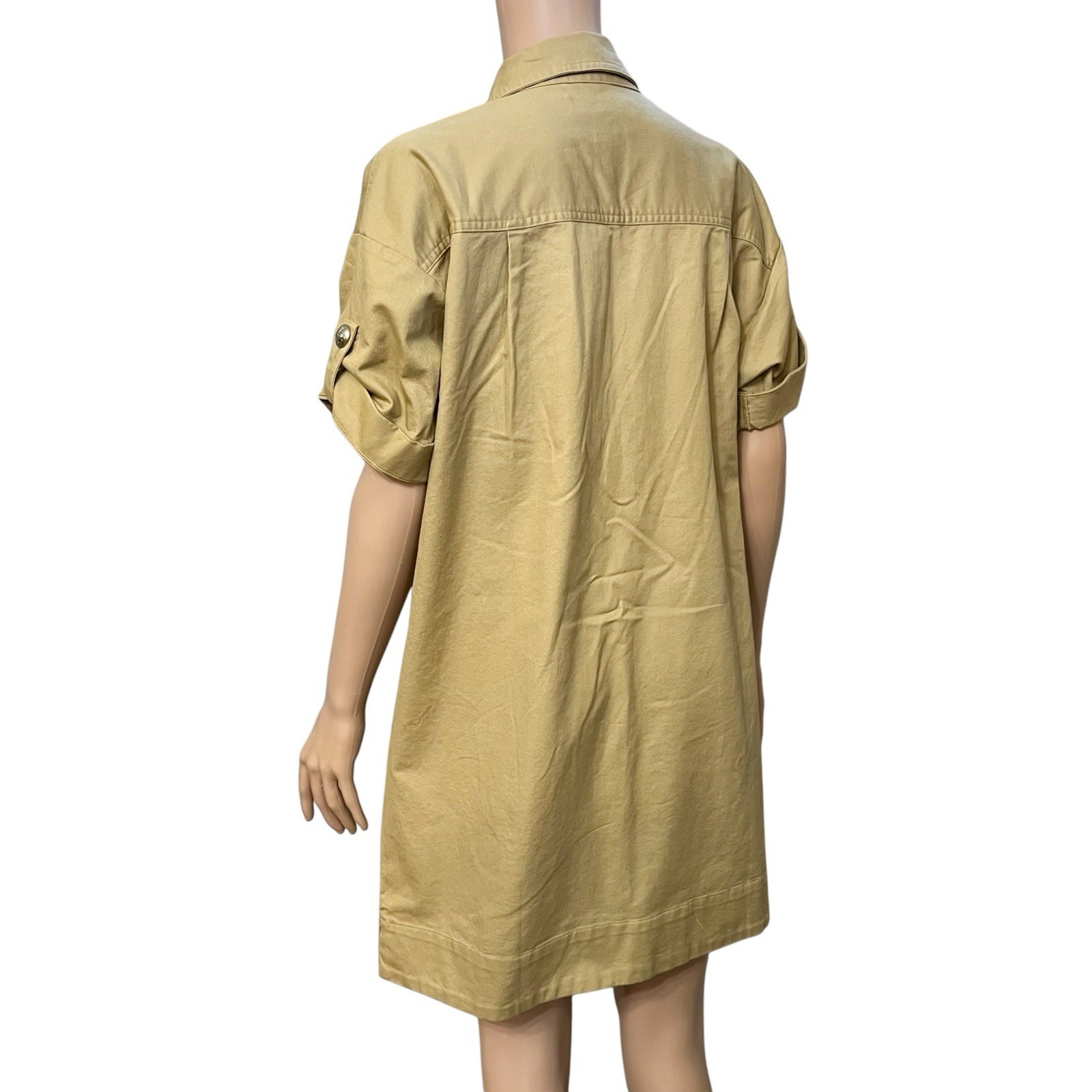 Loft Twill Patch Pocket Mini Dress XS Tan Shift Safari Preppy Military Button