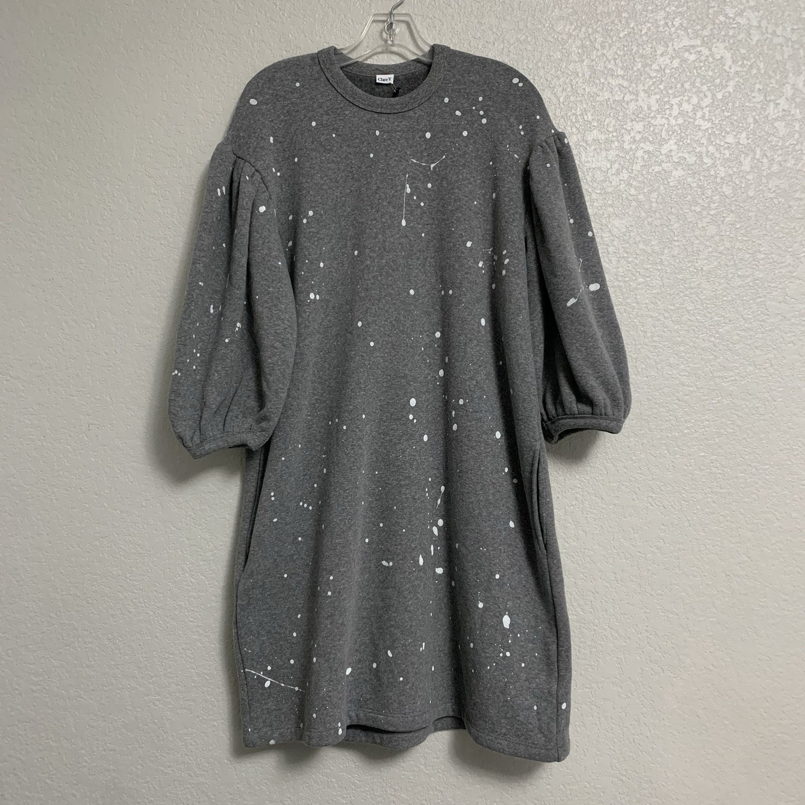 Clare V Sweatshirt Dress Womens M Drop Shoulder Puff Balloon Sleeve Grey Splash