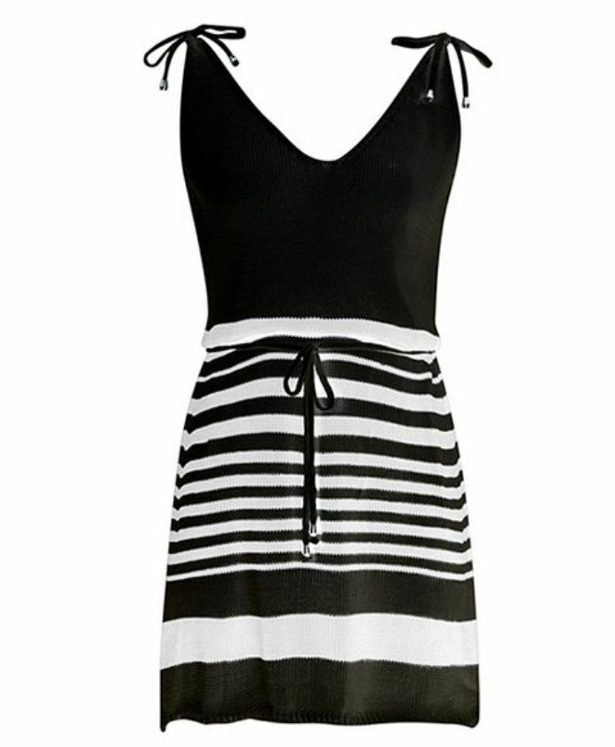 Khaki or Black & White Stripe Tie-Waist Blouson Dress Cute and Comfortable.