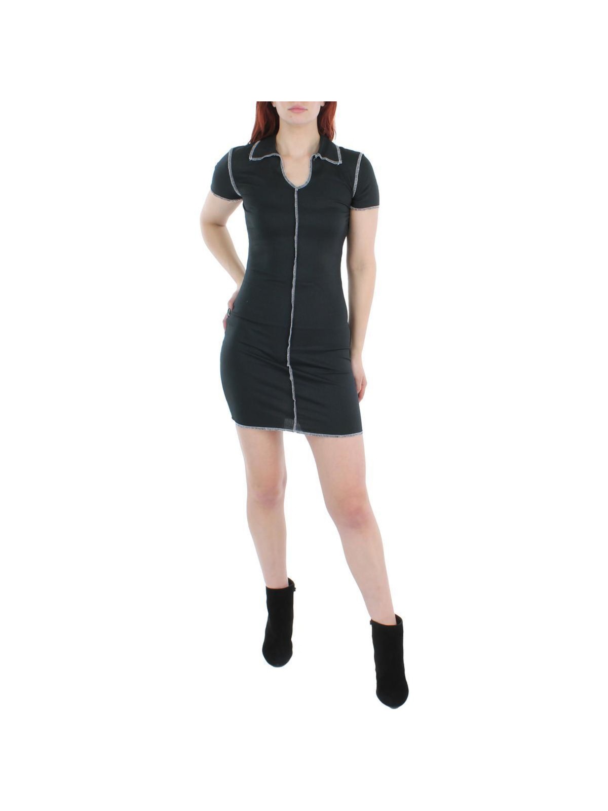NO COMMENT Womens Shirt Short Dress Black Fitted Short Sleeve Pullover Juniors L