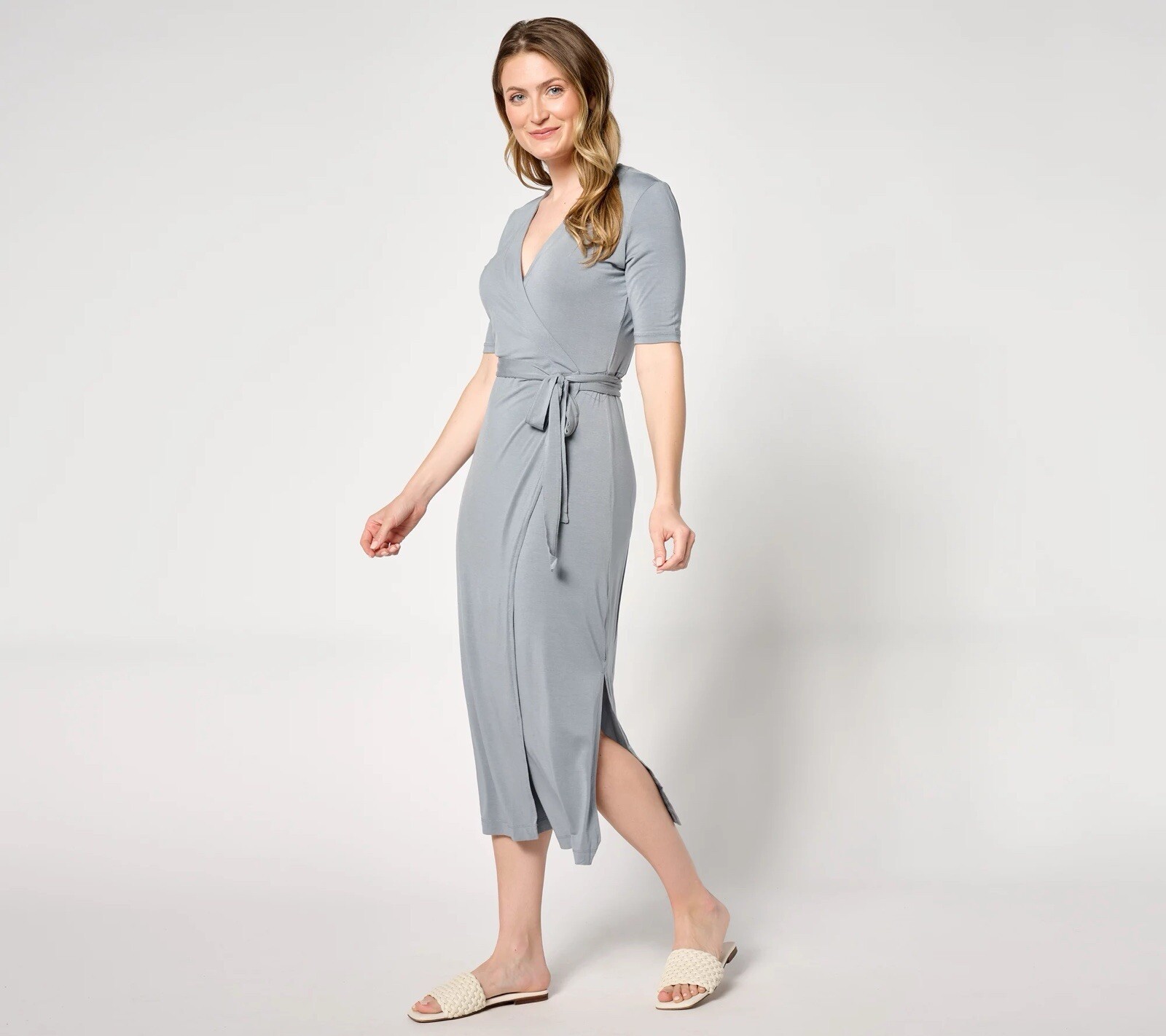 Barefoot Dreams Luxe Milk Jersey 3/4 Sleeve Wrap Dress Size L Waterloo Gray NEW
