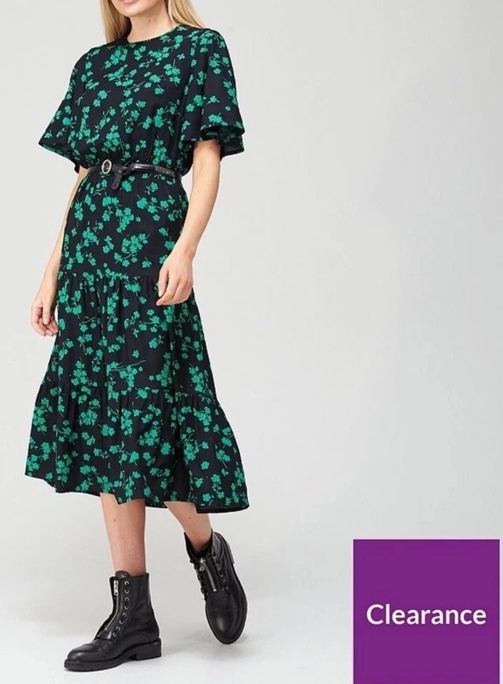 V by Very Angel Sleeve Midi Dress – Green Floral Print UK 8 RRP £50 FREE P&P