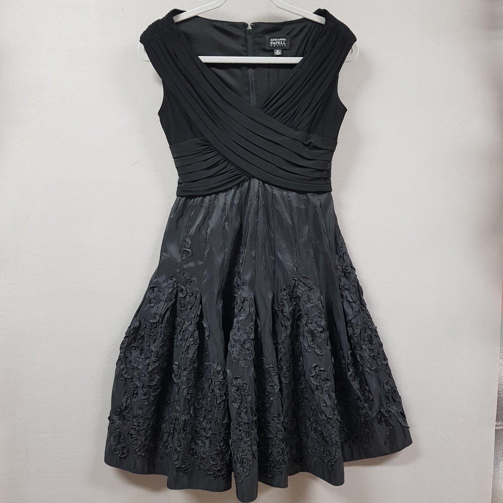 Adrianna Papell Tafetta Dress Women’s Petite 8P Black Crossover Floral Cocktail