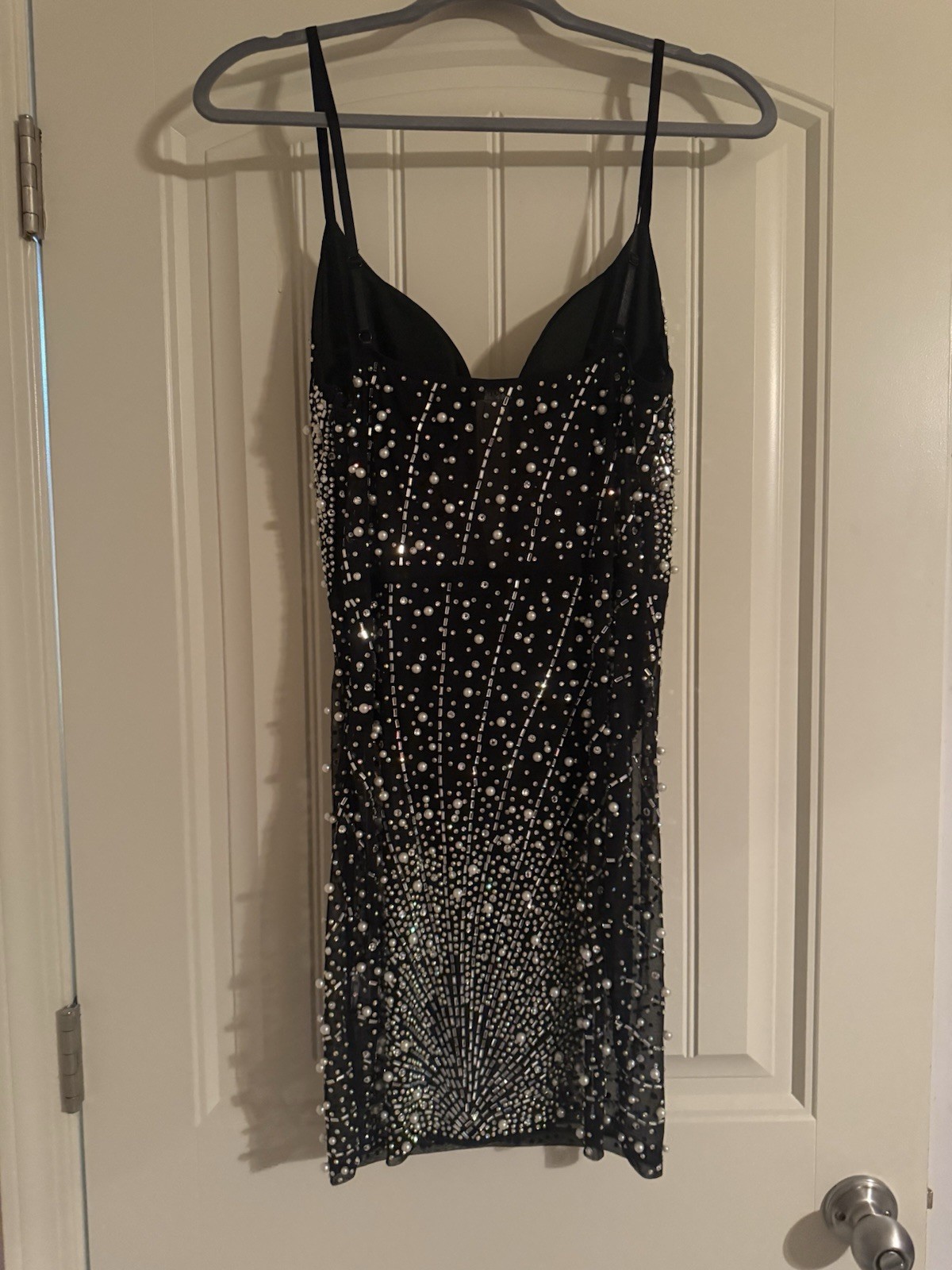 Windsor Black Rhinestone Beaded Mesh Lined Stretch Bodycon Mini Dress L