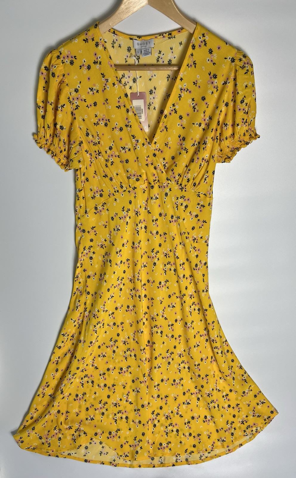 Ghost Jemima Floral Print Knee Length Dress Yellow Size Large New With Tags