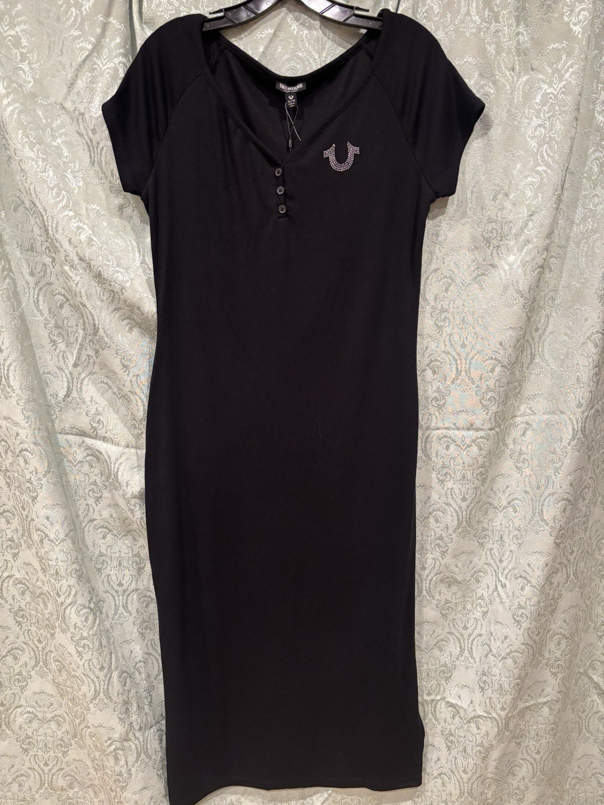 NWT True Religion Women’s Black Henley Rib Midi Short Sleeve Dress Size XL $129