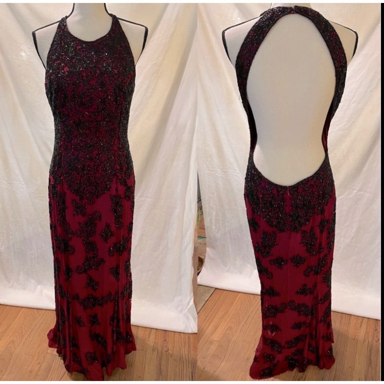 Scala Womens XL Burgundy Silk Beaded Floral Halter Open Back Maxi Evening Gown