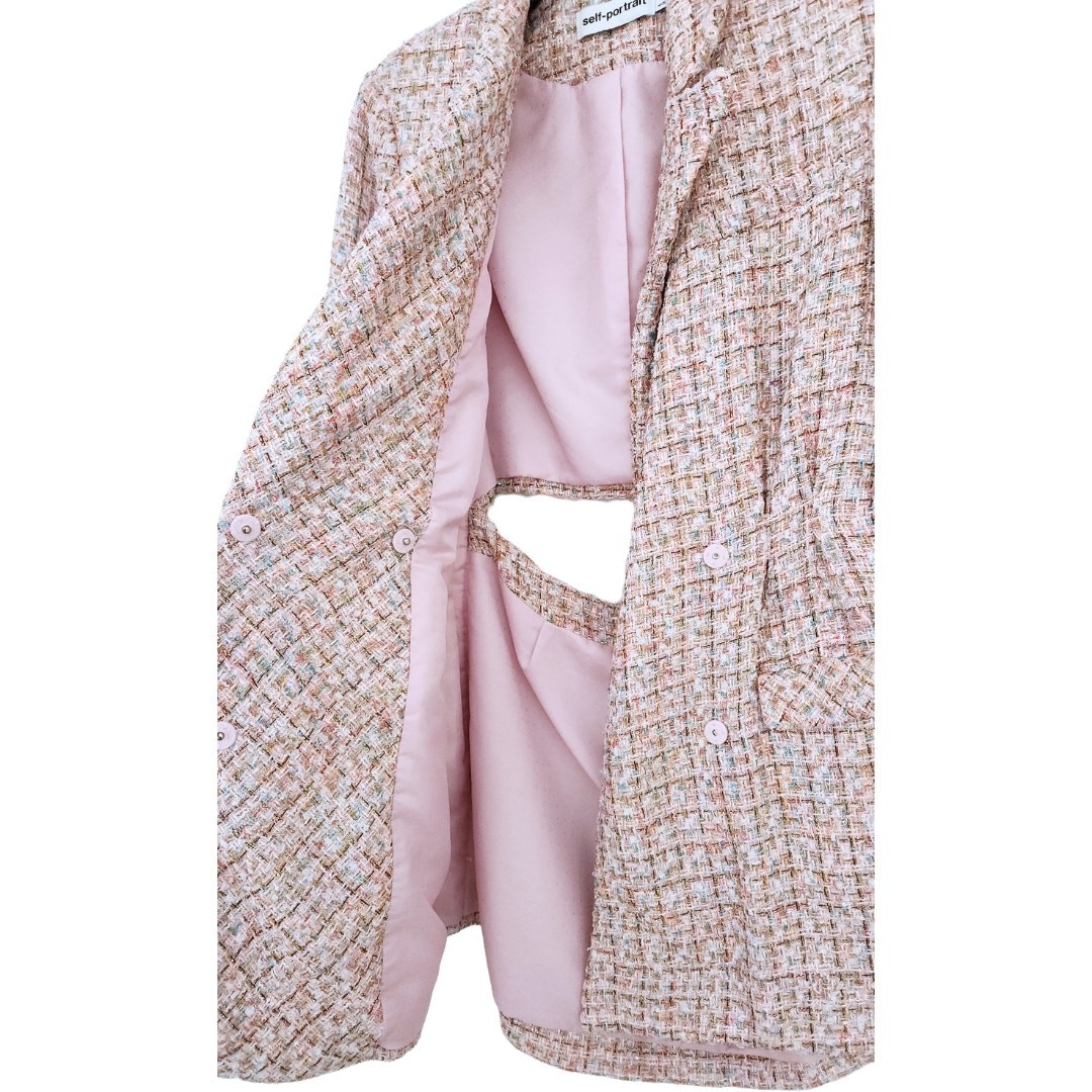 Self-Portrait Tweed Boucle Mini Dress Pink Gold Sequin Long Sleeve Suit Blazer 8