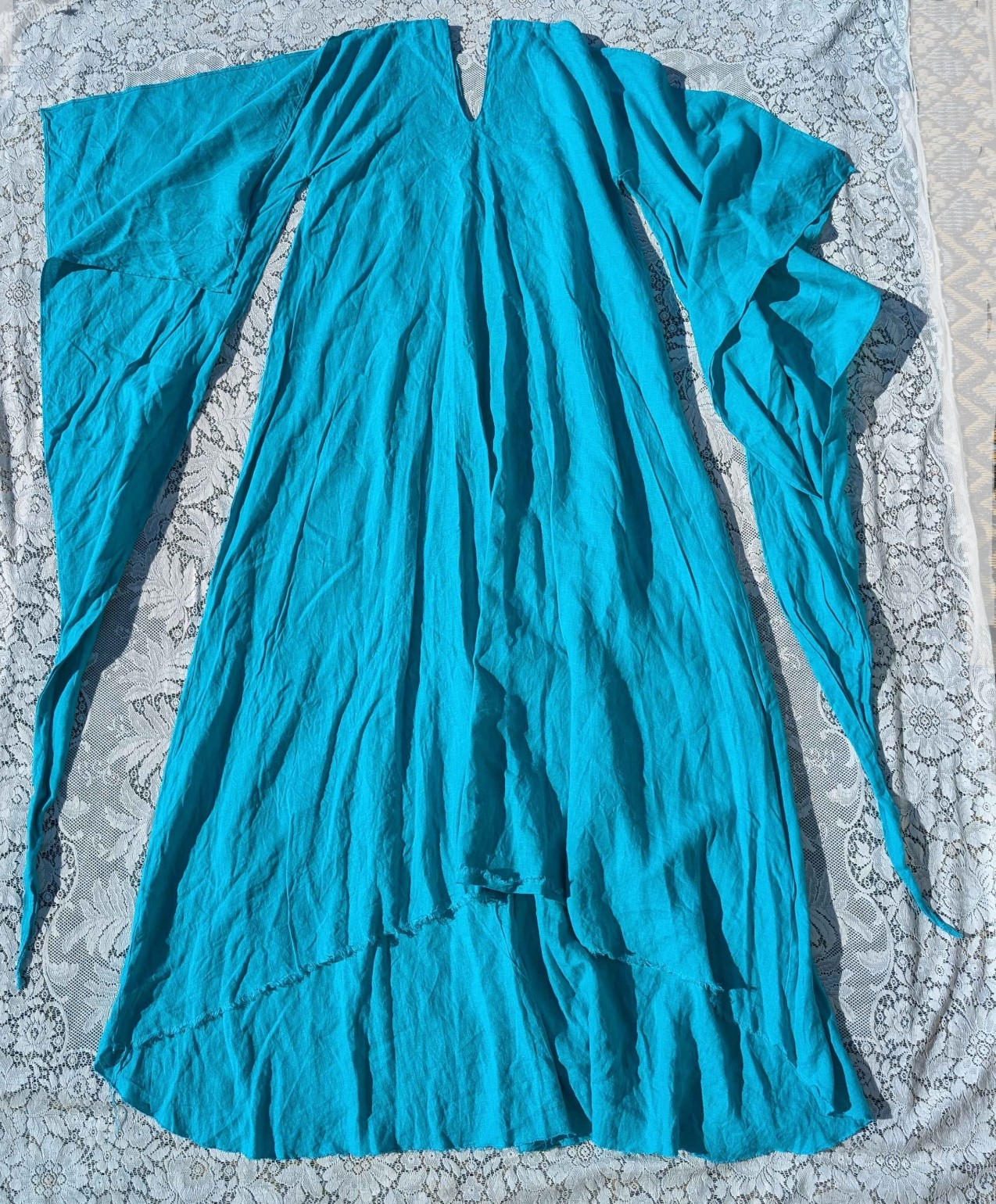 Turquoise Linen Flared sleeve Medieval Rennaisance Fantasy A-Line Train Dress