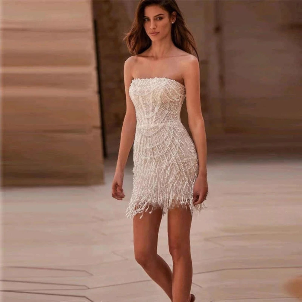 Mini Short Wedding Dress Shiny Pearl with Pearl Sequin Beaded Tassel Bridal Gown