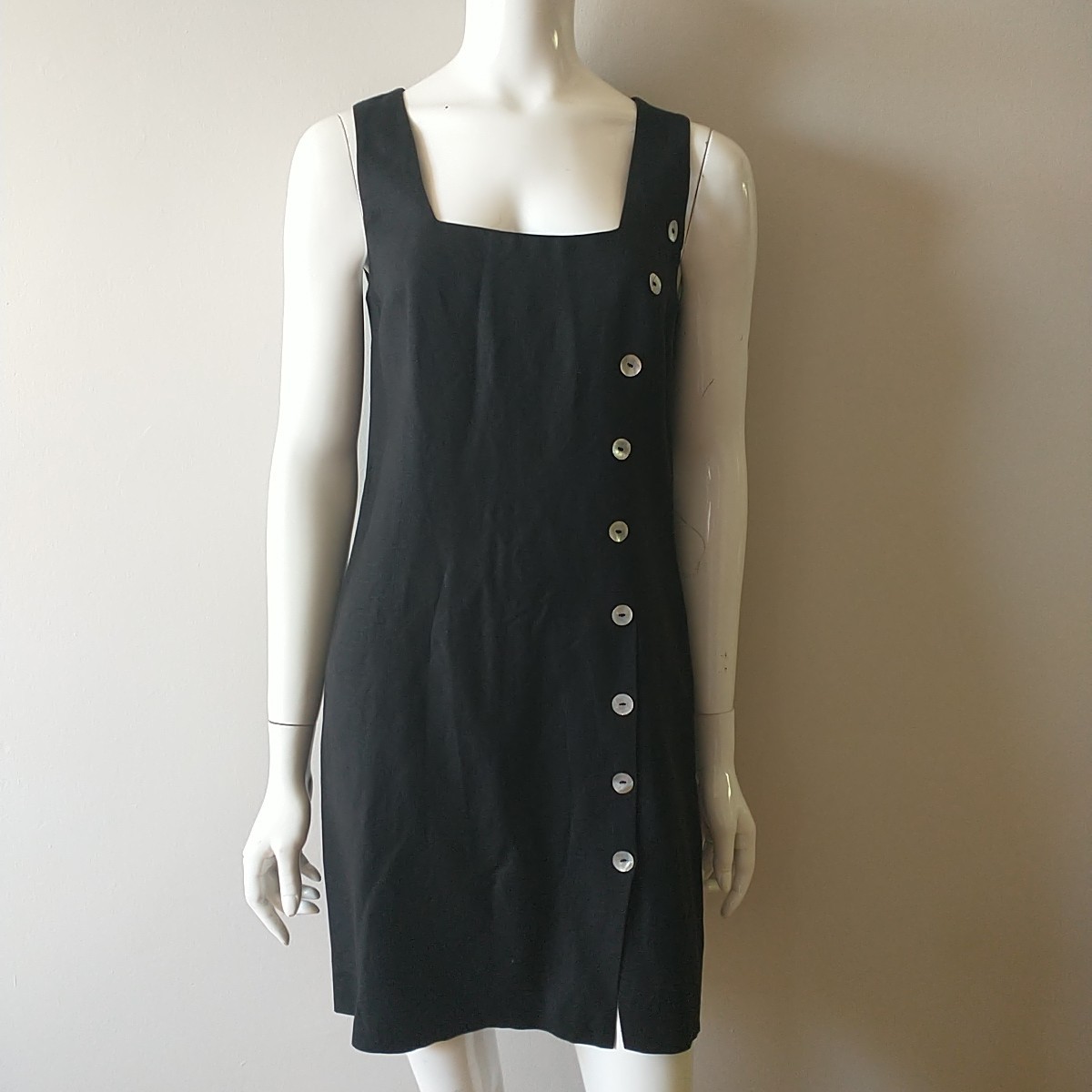 Spiegel Shift Dress 6 Black Linen Blend Sleeveless Back Zip Button Career Office