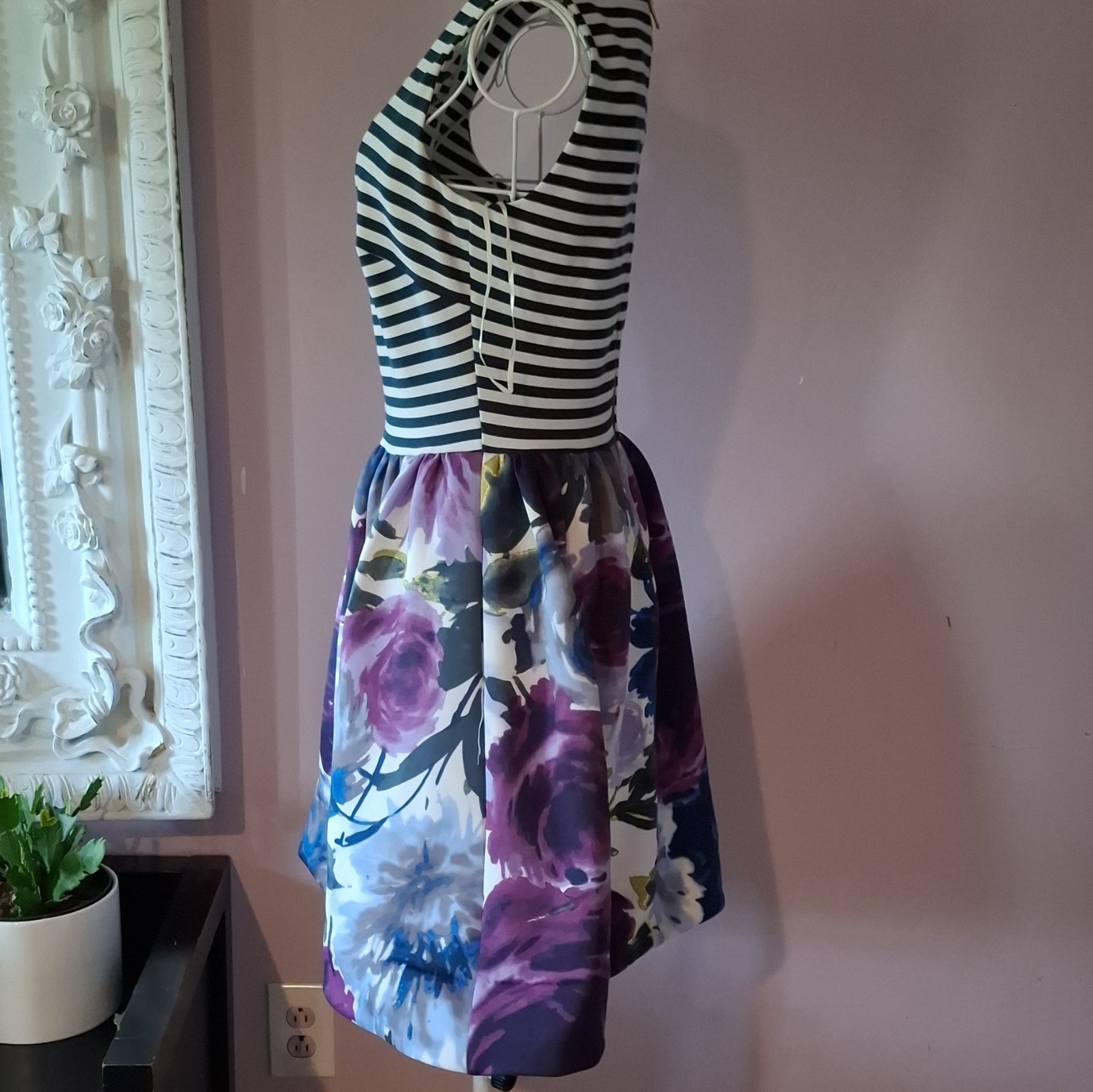 Taylor Black/White Striped Knit Boat Neck Sleeveless Fit & Flare Dress Zip 4
