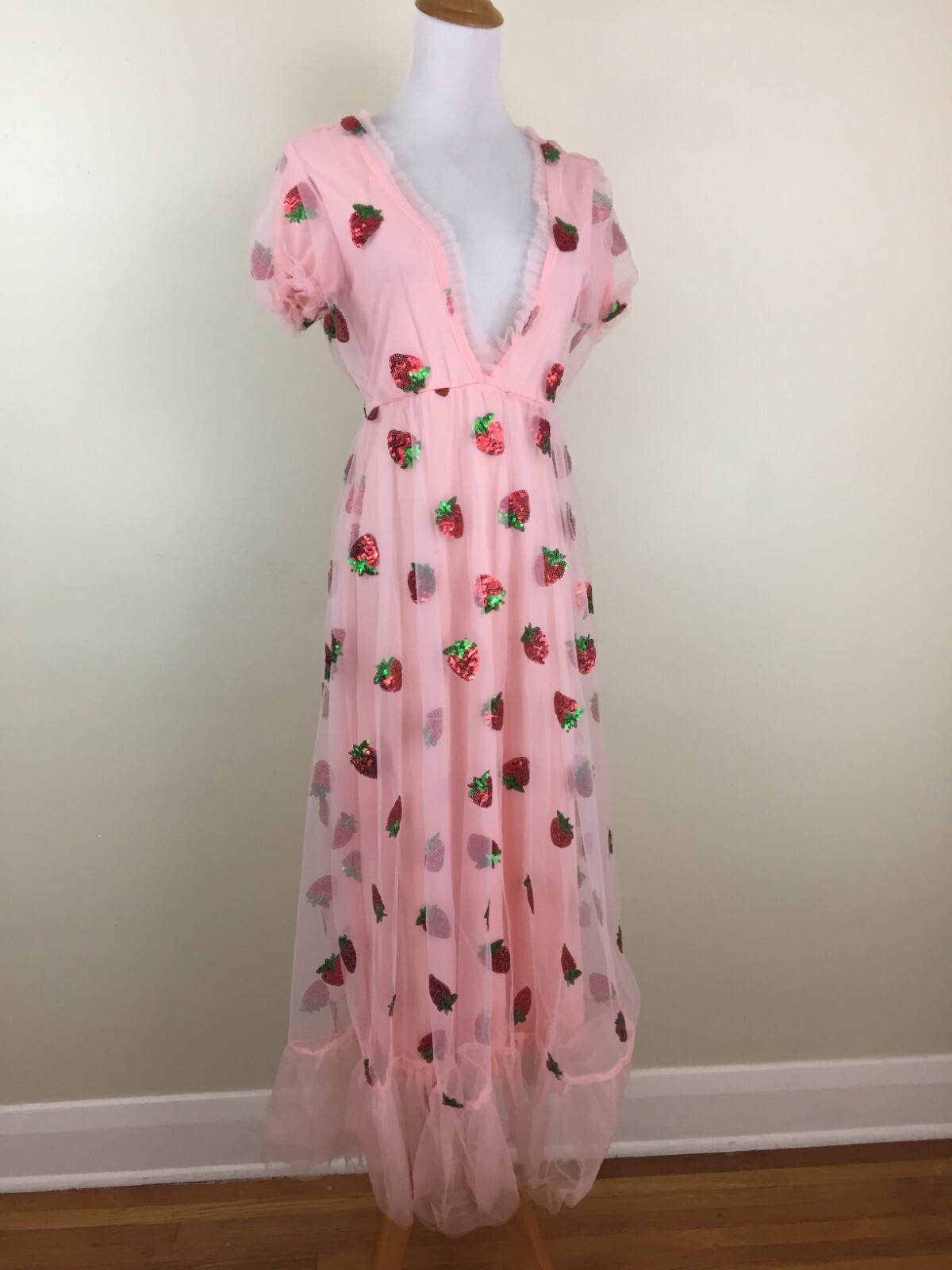 Pink Chiffon Red Green Strawberry Sequin Low V Neck Belted Dress Womens sz Small