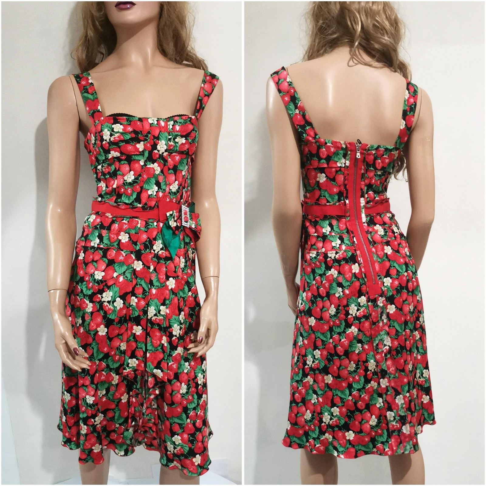 🆓US🛃 SS 2006 Dolce&Gabbana strawberries printed silk corset dress IT 38