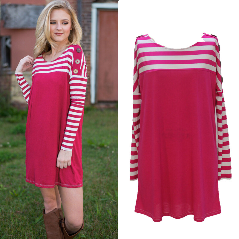 Womens Winter Fall Casual Striped Patchwork Long Sleeve Tee Shirt Dress Rose Red