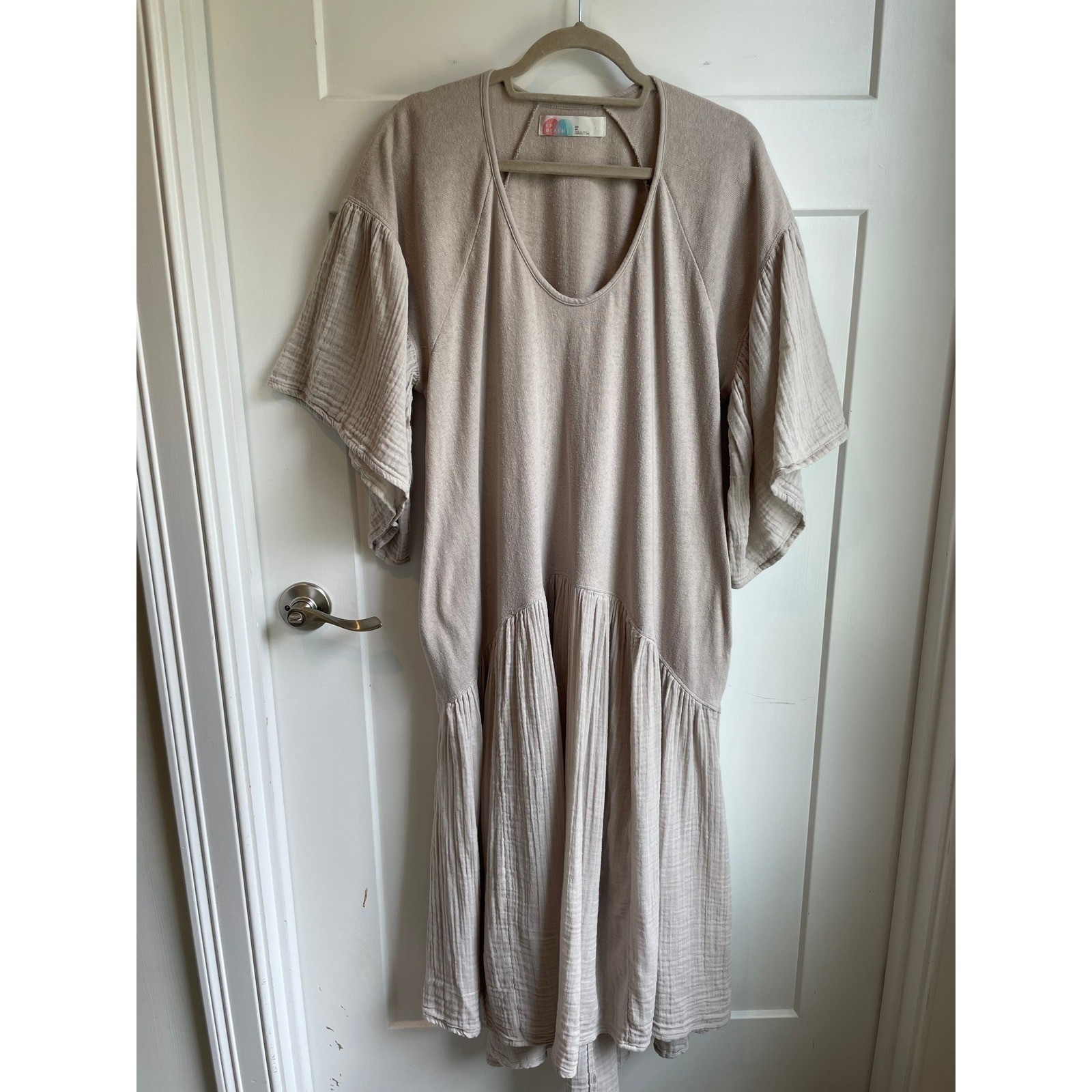 Free People FP Beach Beige Gauze Cotton Tiered Flutter Sleeve Maxi Dress XS Boho