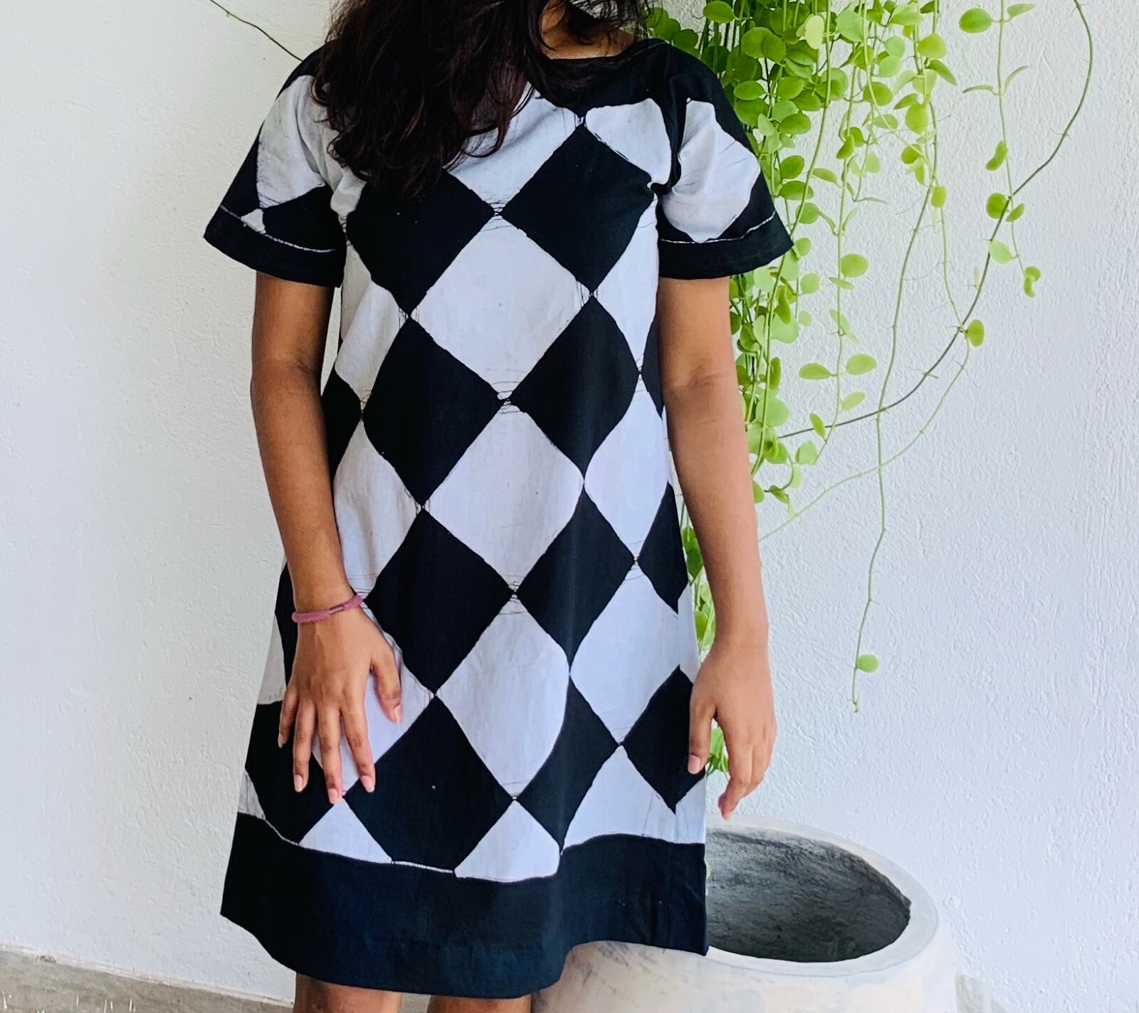 100% Pure Ceylon Cotton Handcrafted Black & White Check Batik Dress