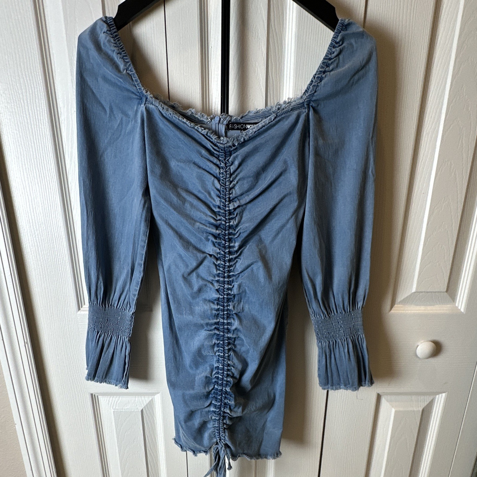 Fashion Nova Blue Denim Ruched Smocked Bodycon Mini Dress Square Neck M