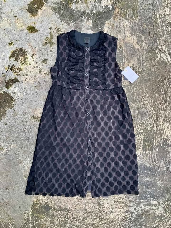 ANNA SUI Vintage Black Sheer Mesh Dot Ruffle Dress Size 2 NWT Made in USA