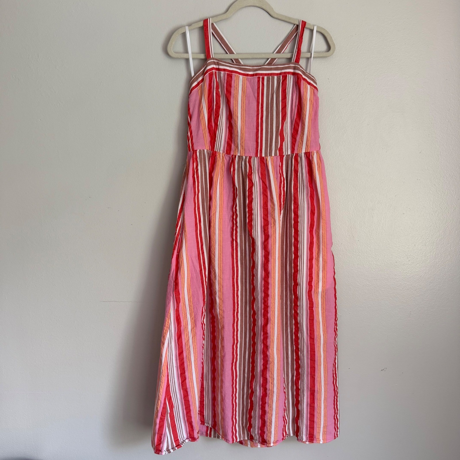 LOFT Pink Red Striped Cotton Midi Dress Open Tie Back Pockets Womens 10