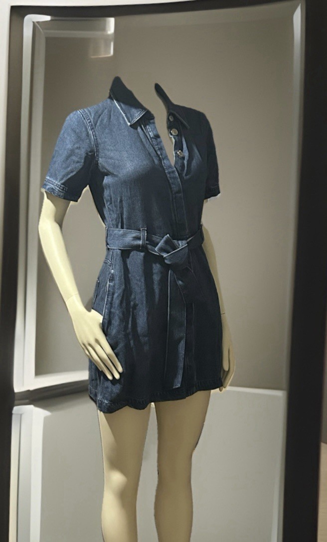 7 For All Mankind Lustre Blue Denim Button Down Shirt Dress with Tie Belt