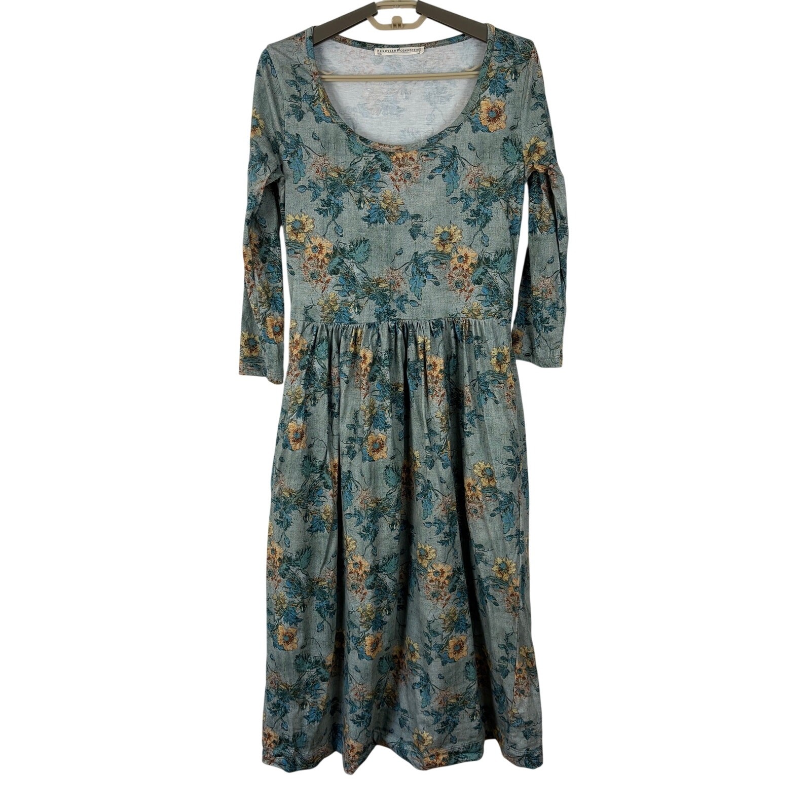 Peruvian Connection Windflower Dress XS Slate Floral Blue Yellow
