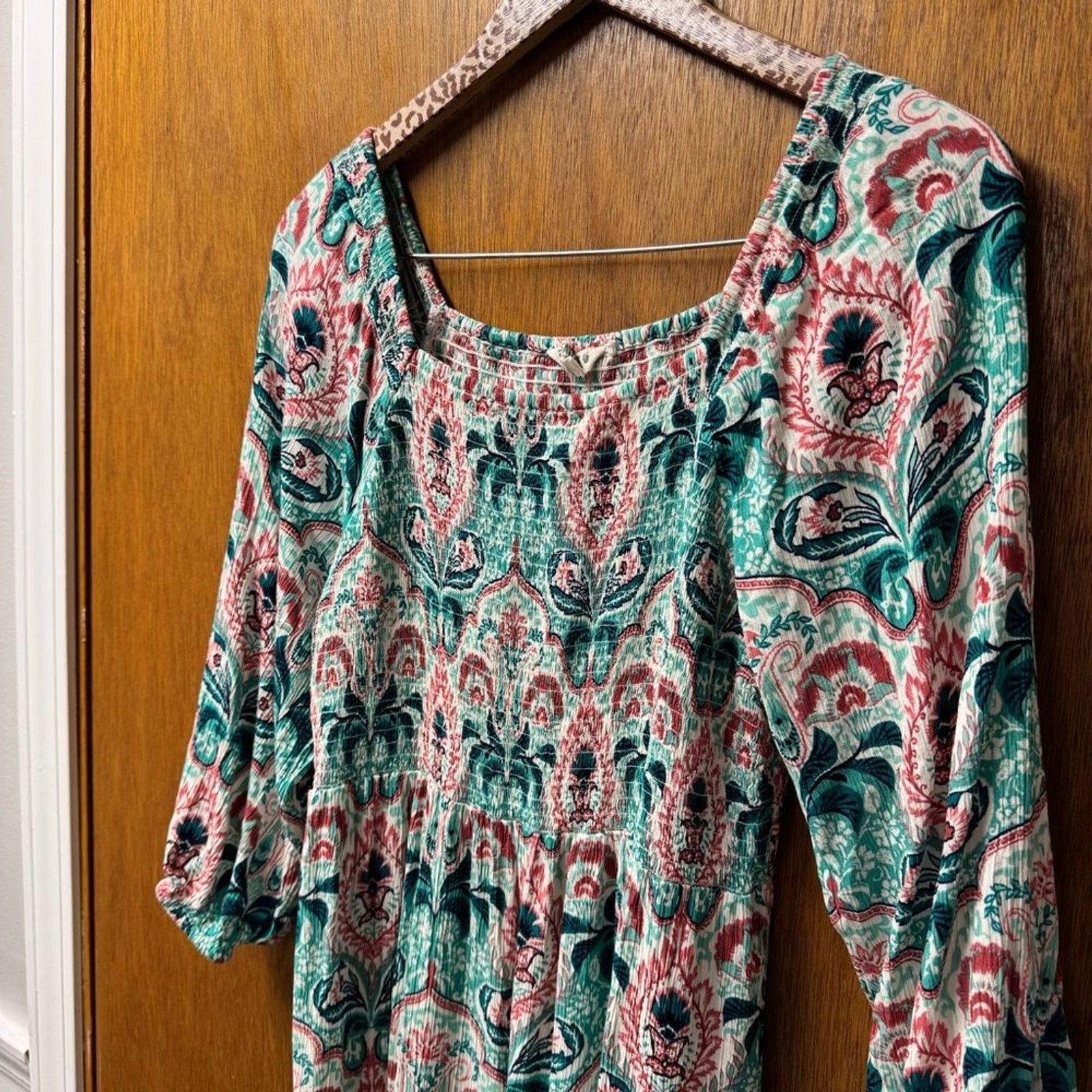 Fat Face Adele Mirrored Paisley 3/4 Sleeve Smocked Square Neck Midi Dress 8