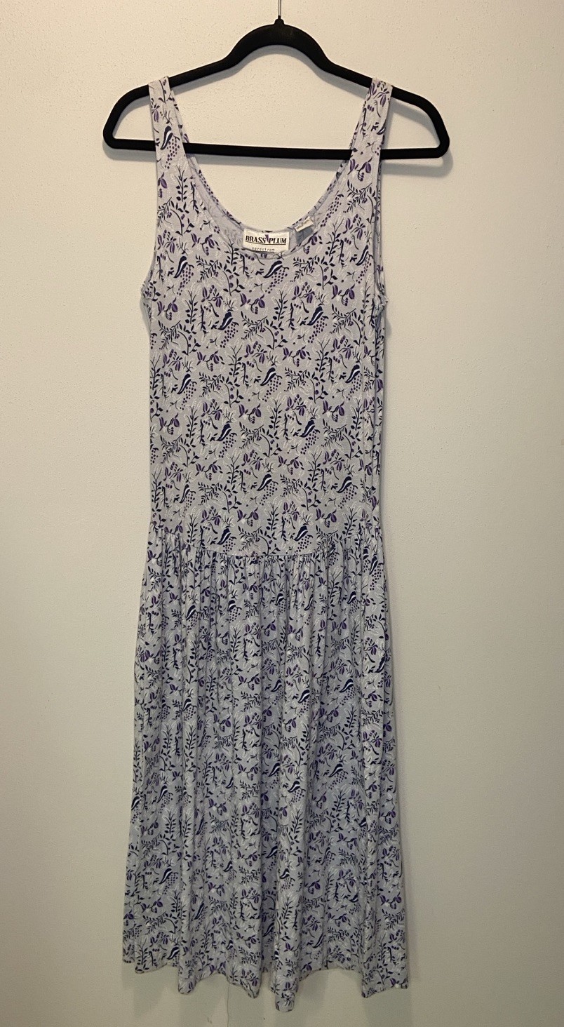 VTG 90s Brass Plum Maxi Dress Size M Purple Floral Sleeveless Drop Waist