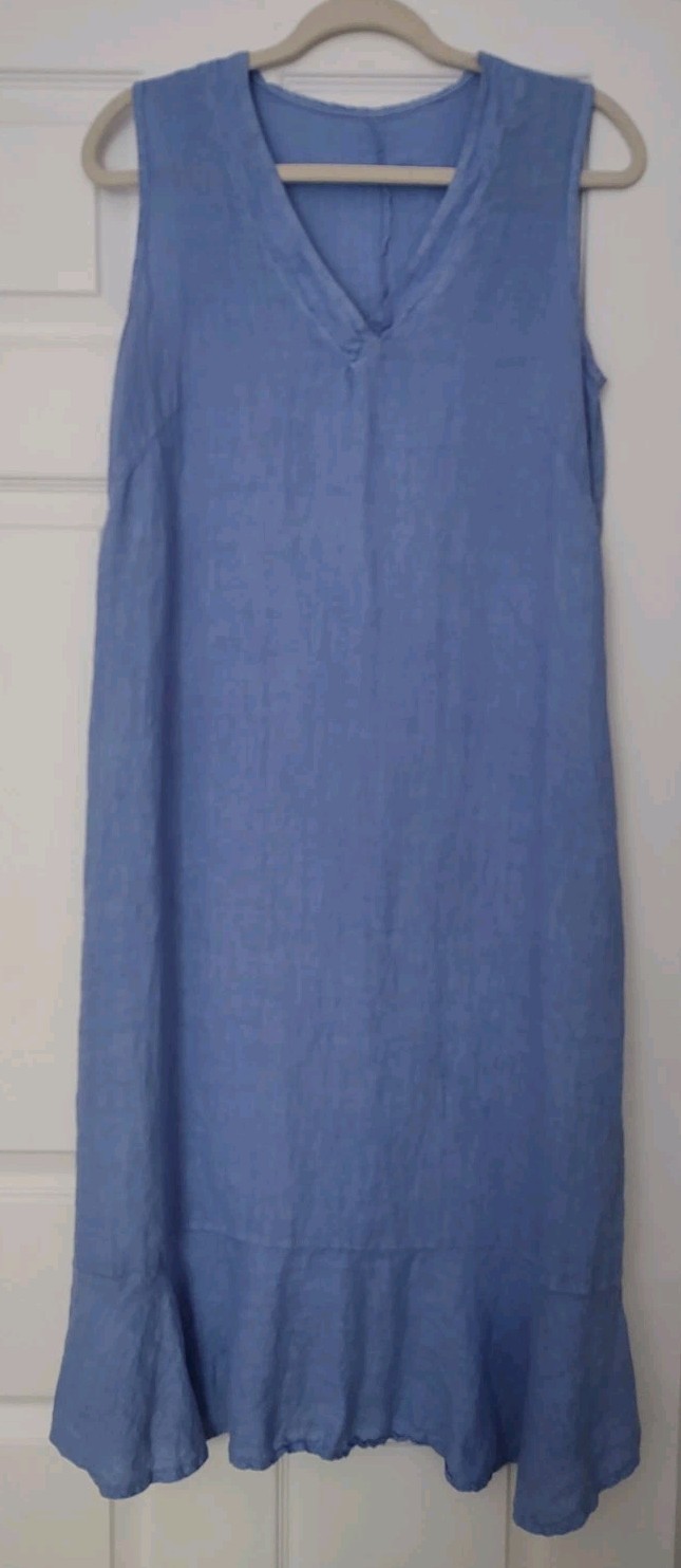 Francesca Bettini Midi Periwinkle Blue 100% Linen Dress Ruffle Hem V Neck Size M