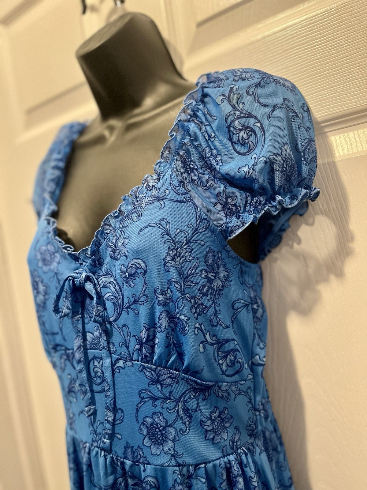 Y2K Justify Dress Floral Blue Small Summer Boho Puffy Short Sleeve Bow