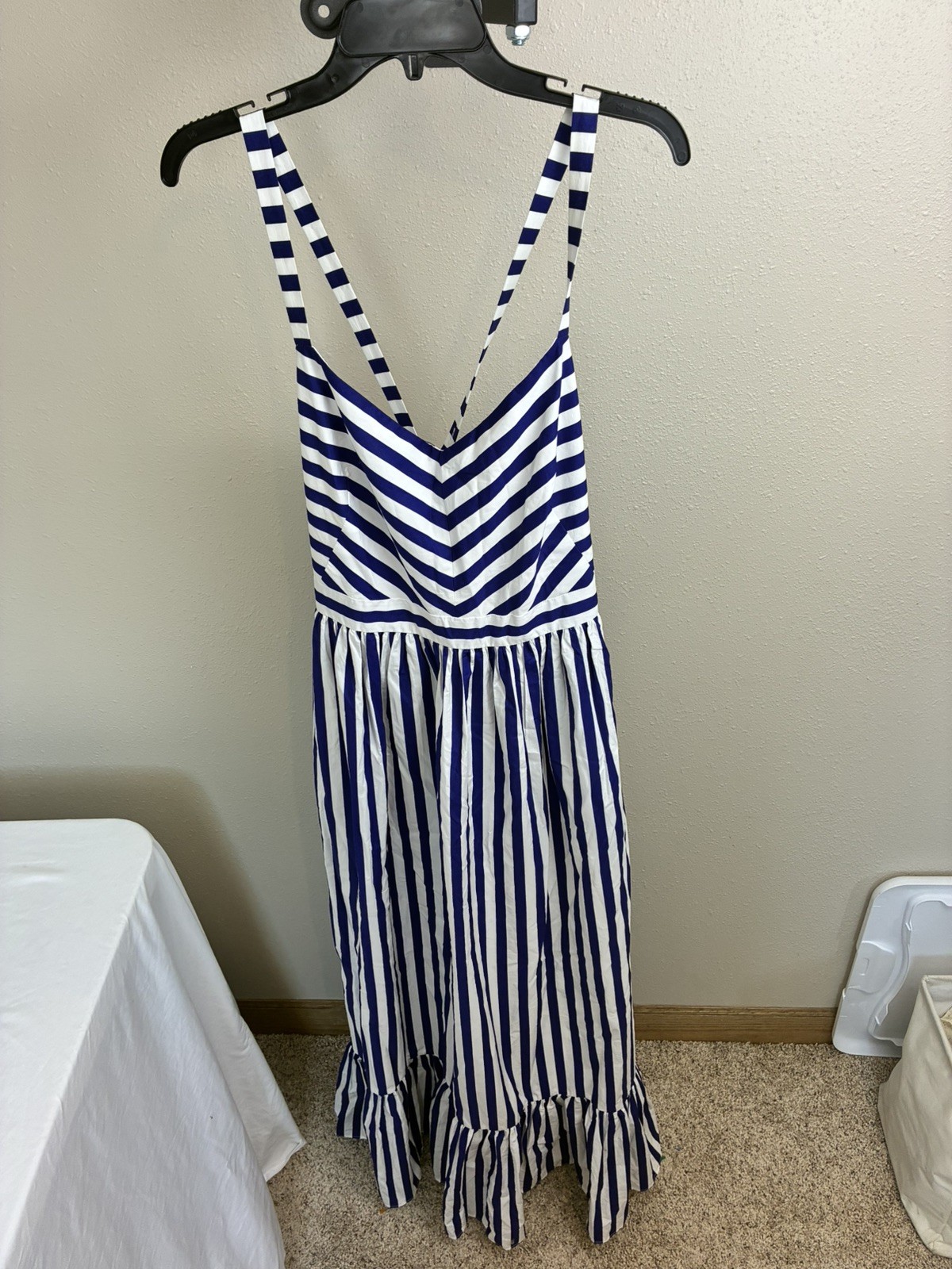 NWT J.Crew Striped Ruffle Maxi White Navy Belted Cotton Tank Dress Size 14