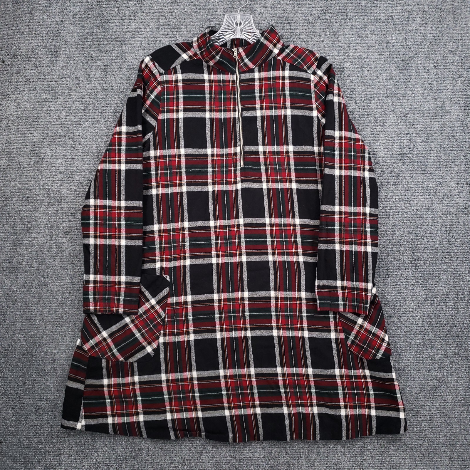 Zara Plaid Mock Neck Quarter Zip Shift Dress Womens Medium Black Red Long Sleeve