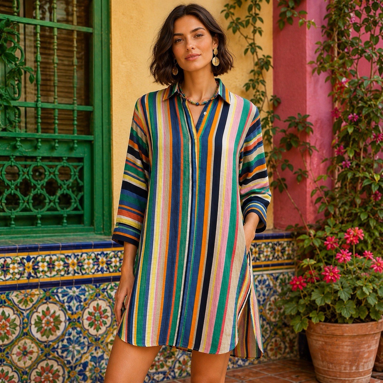 Vilagallo Linen Blend Striped Colorful Resort Shirt Dress 44 Portugal NWOT
