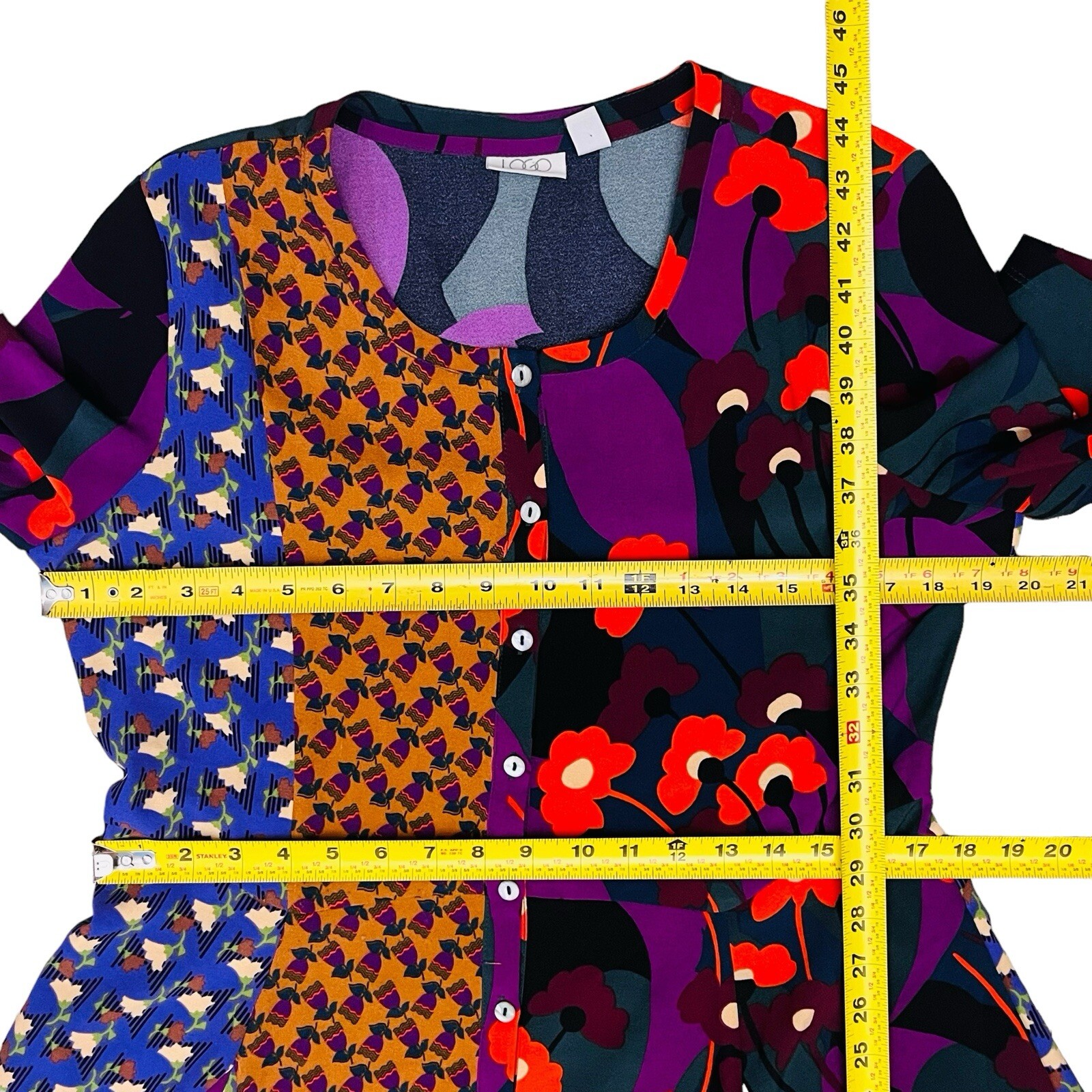 LOGO By Lori Goldstein Boho Dress Button Up Pockets Flare Patchwork Mix Print XS