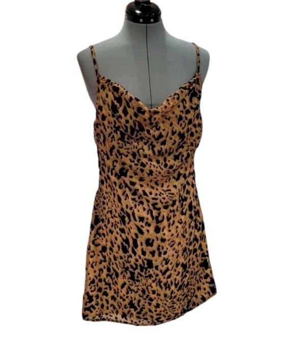 Lulus NWT Shes Feisty Leopard Print Cowl Neck Mini Dress Spaghetti Straps Size L