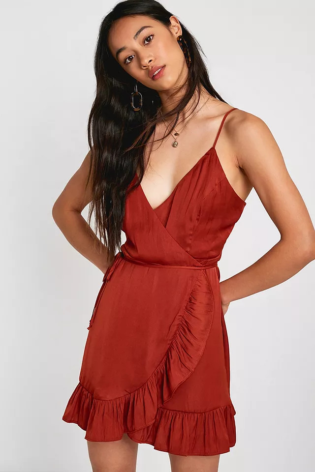 Free People All My Love Shine Mini Wrap Slip Dress Size Large Tan Brown NWT