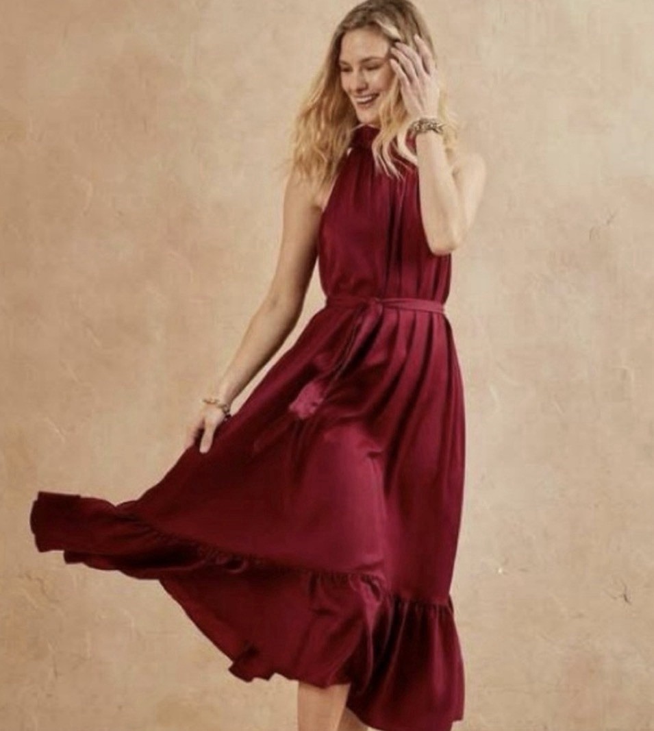 Banana Republic Halter High Pleated Neckline Midi Dress Flounce Ruffle Hem Sz S