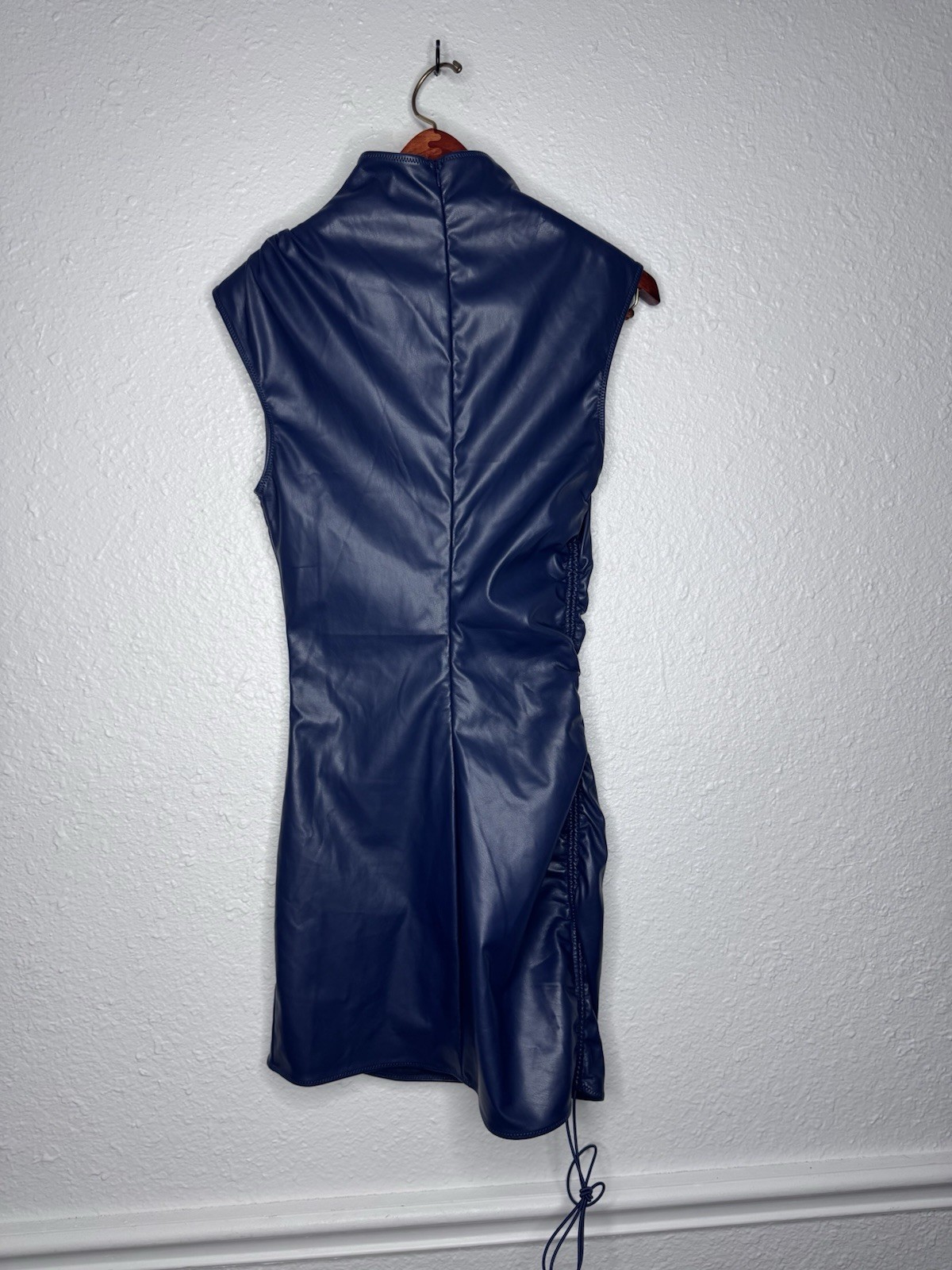 Mars The Label Margot Mini Dress UK 12 Blue Faux Leather Ruched Bodycon NWT