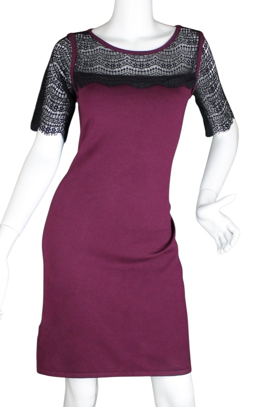{ANN TAYLOR} Sweater Dress Sz. S Purple/Black Embroidered Top/Sleeves Stretch