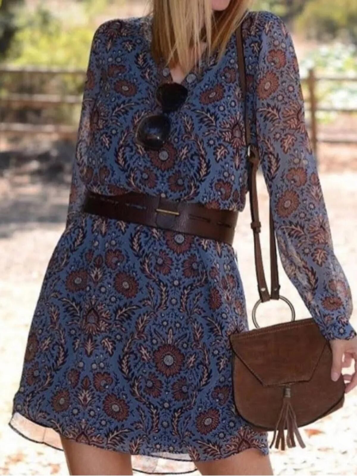 CAbi Provincial Blue Floral Long-Sleeve Mini Dress #3295 | Size Small