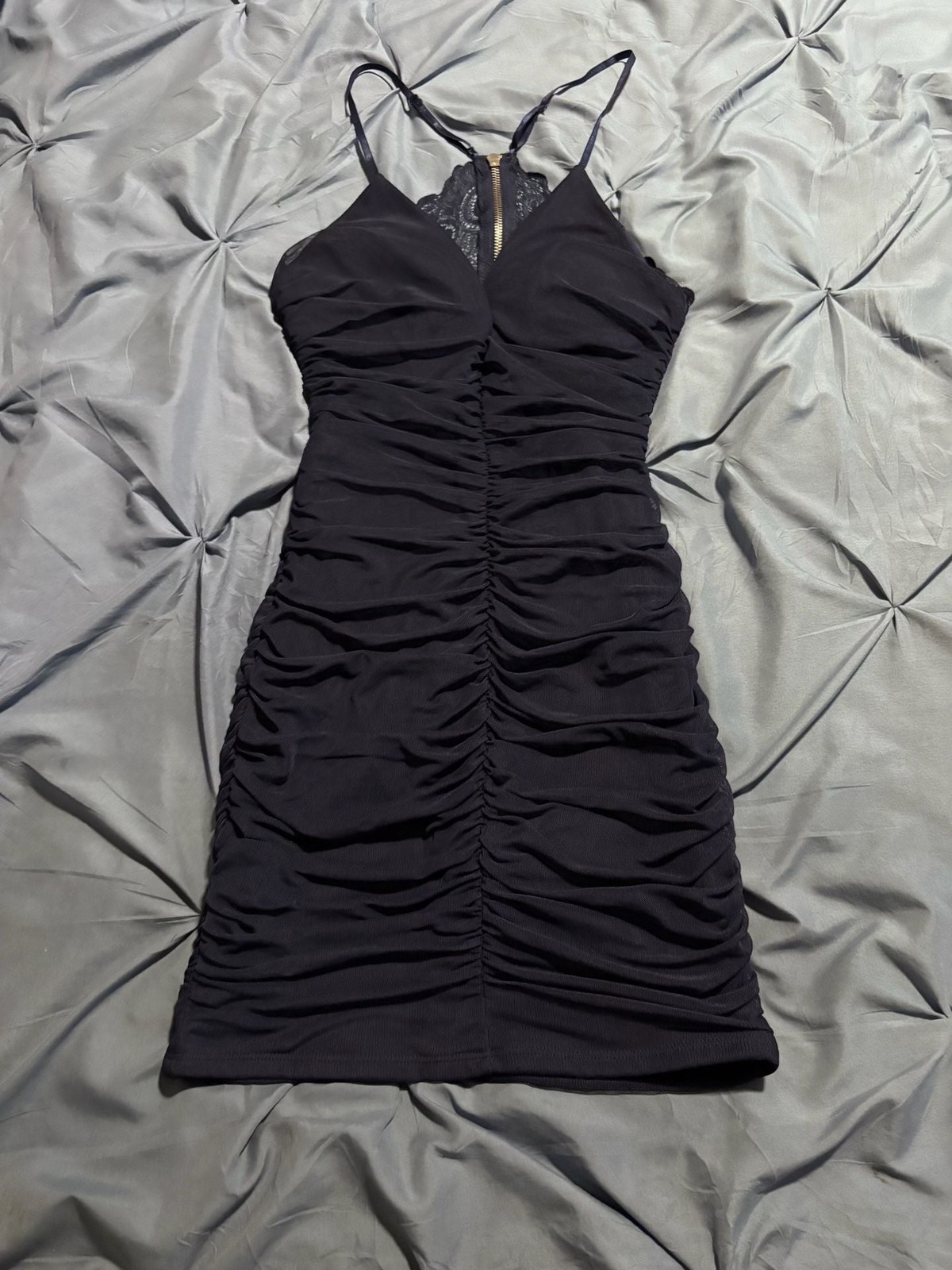 Honey and Rosie Black Ruched Mesh Mini Dress with Lace Detail and Front Zipper