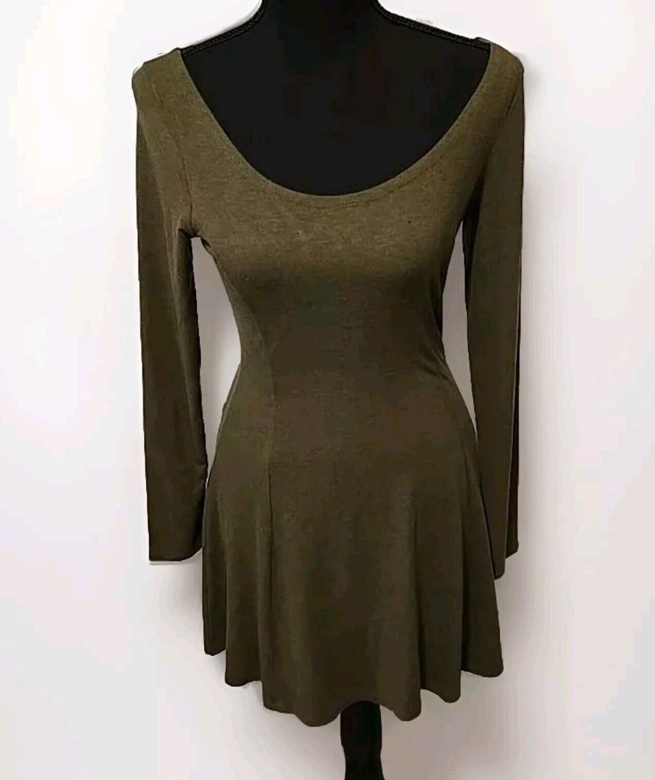 NWT Anthropologie Dress Womens XS Olive Green Open Back Long Sleeve Skater Mini