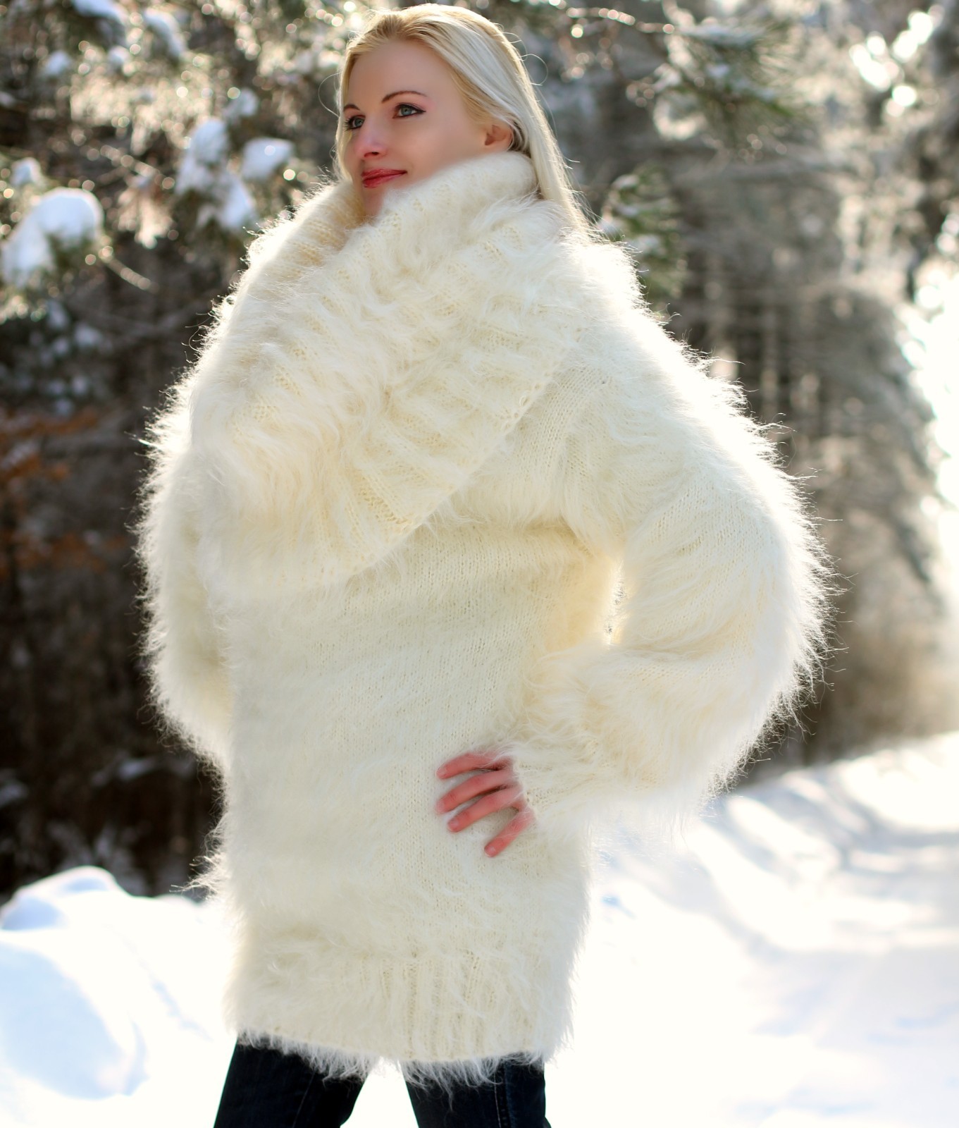 Ivory cowl neck fuzzy mohair sweater thick winter dress handmade fluffy tunic XL