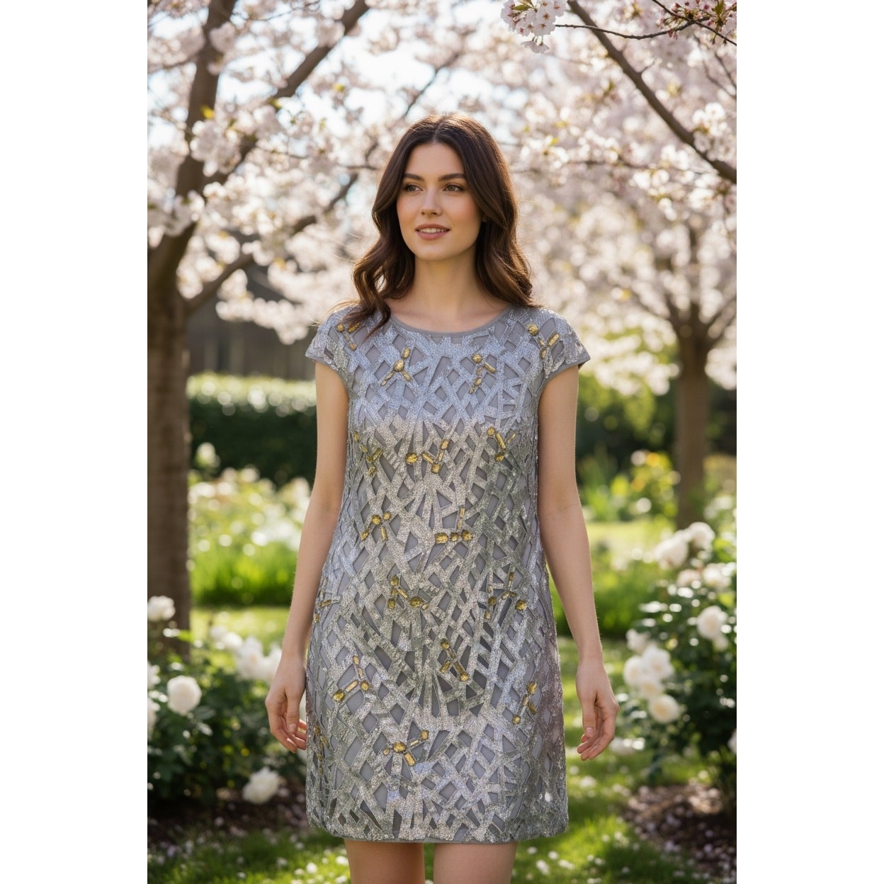 TADASHI SHOJI DRESS 6 SILVER YELLOW SEQUIN EMBELLISHED LATTICE COCKTAIL PARTY
