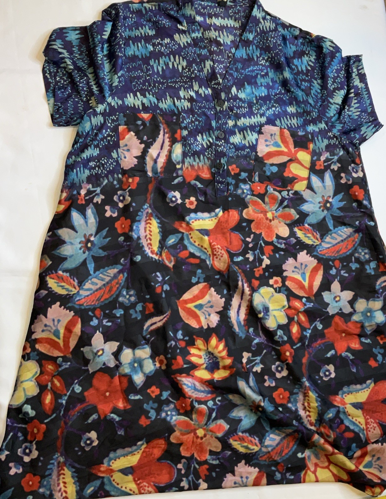 Caftan Button Top Floral Geometric Pattern Lagenlook Relaxed Boxy Art To Wear