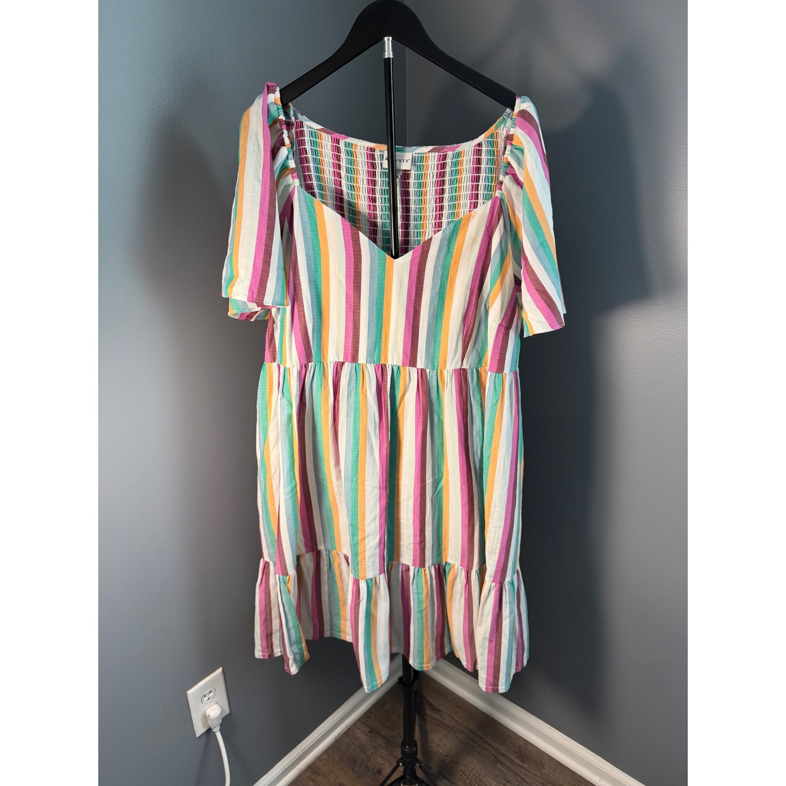 Ava & Viv Dress Women 2X Multicolor Stripe Smocked Tiered Boho Coastal Festival