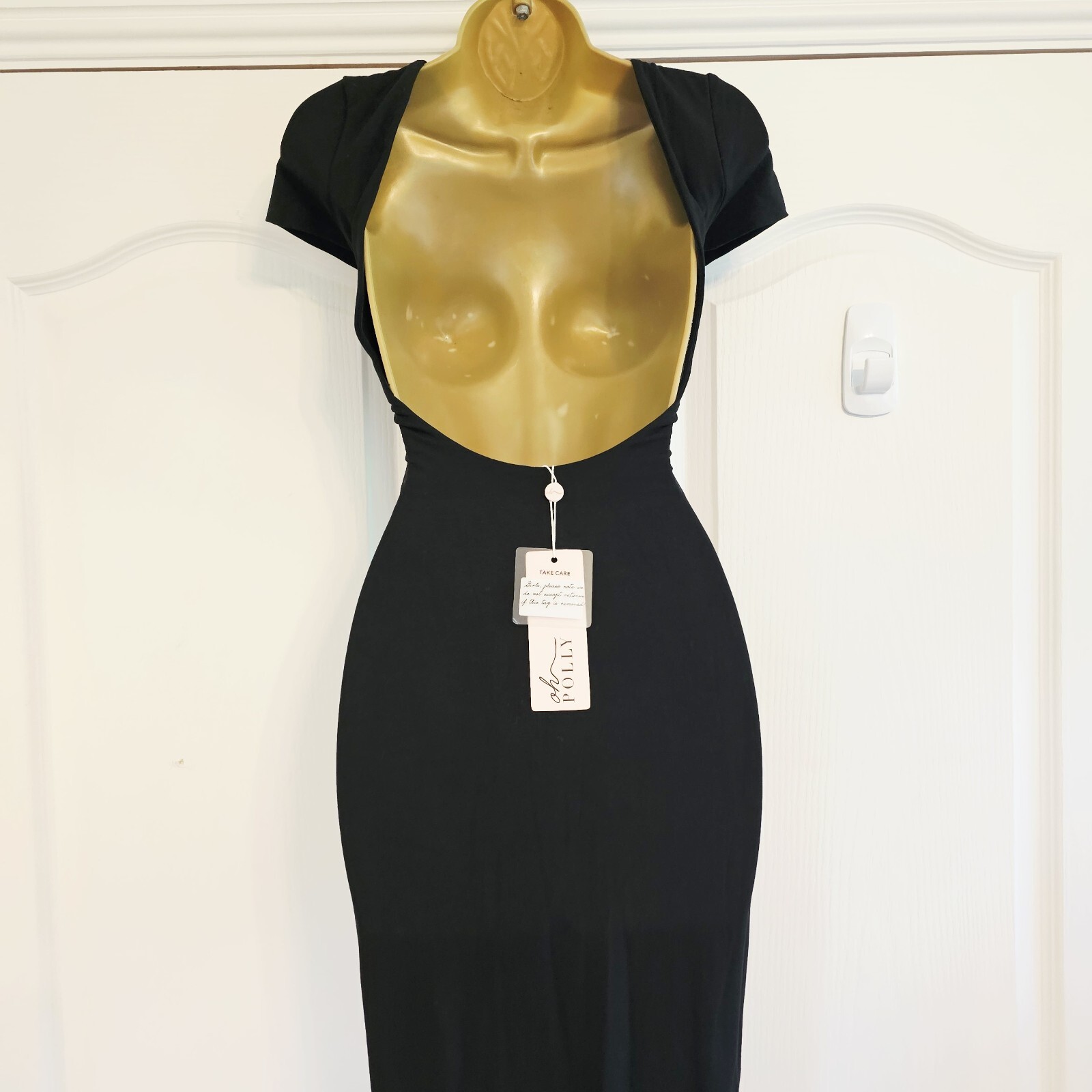 Oh Polly Backless Maxi Dress Size UK 6 Black Back Slit Stretch New with tags