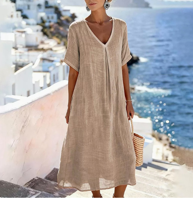 Ladies Solid V Neck Short Sleeve Cotton Linen Long Dress Loose Fit Casual Dress