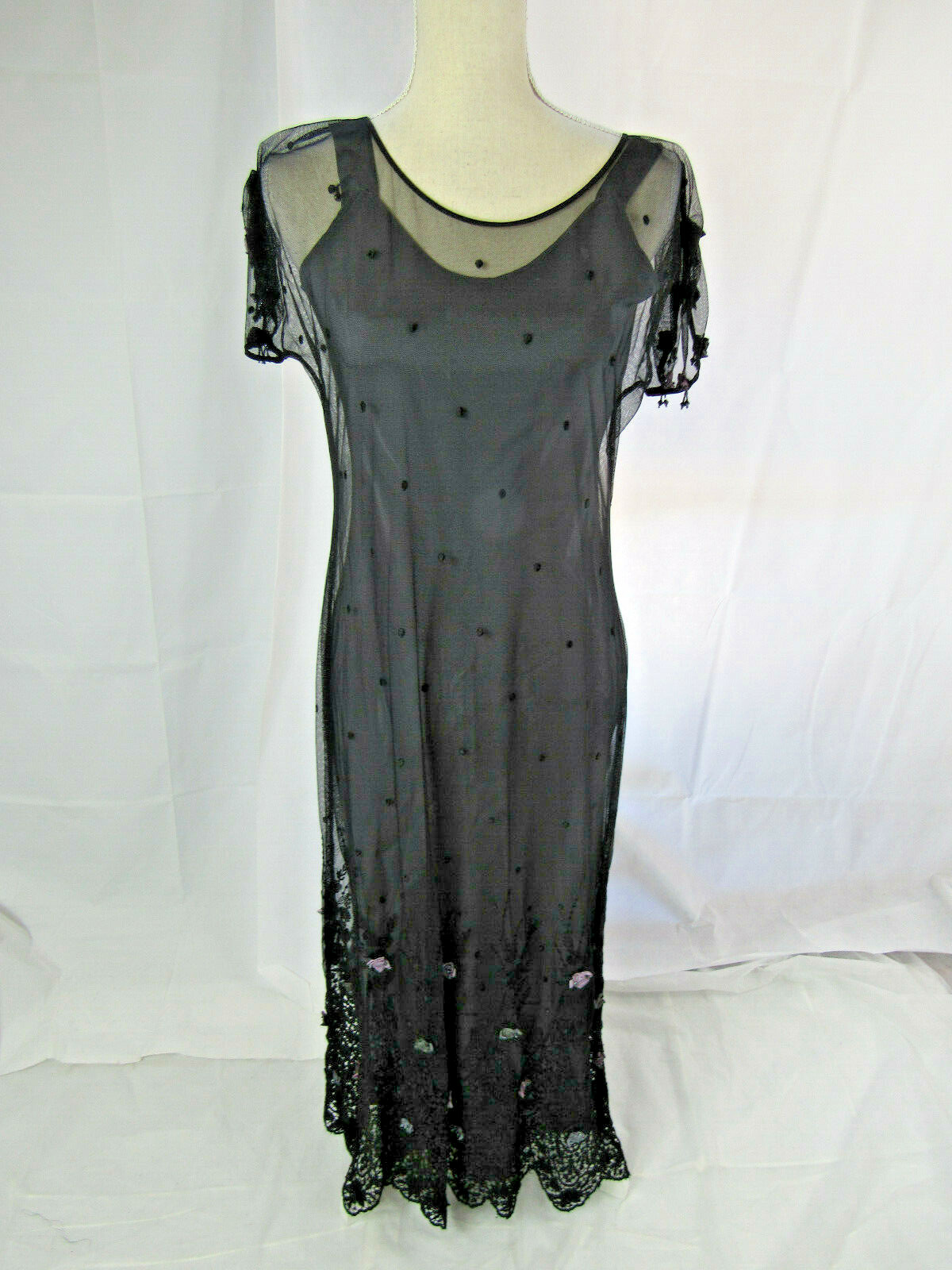 Barbara Katz Black Floral Embriodered Dress With Gray Silk Slip Size 10