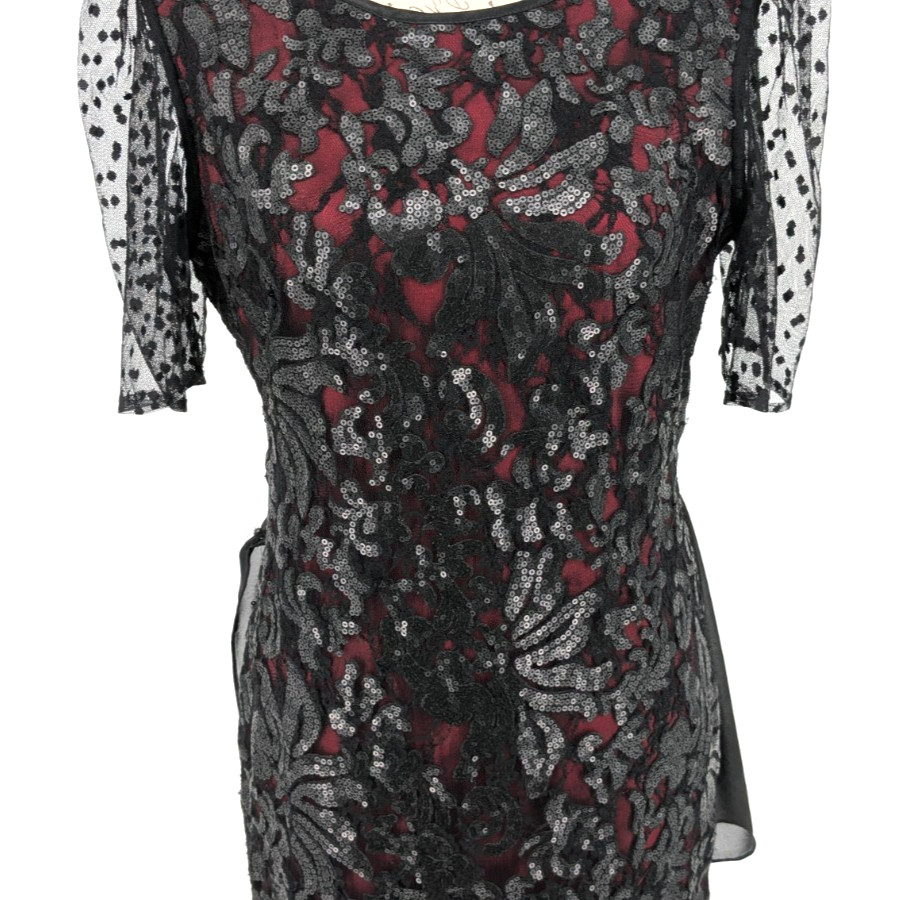 CACH’E Formal Dress Size 12 Black Sequins over Red Lining NWT